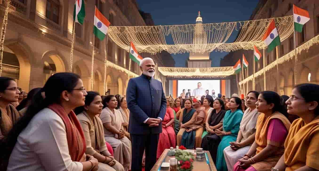 Maharashtra rural woman checking ₹1500 Ladki Bahin Yojana July installment SMS on her phone, smiling with joy in traditional saree background