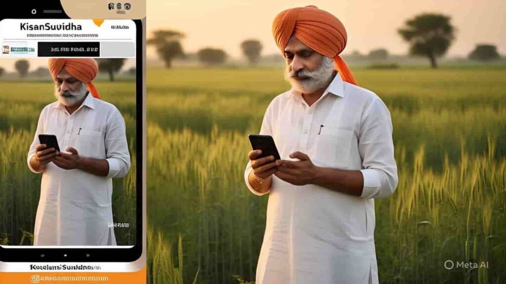 मोबाइल पर kisansuvidha.in वेबसाइट देखता हुआ किसान – सरकारी योजना की जानकारी के साथ।