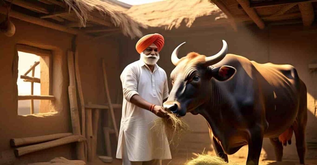 शेतकरी आपल्या गोठ्यात गाय किंवा म्हैसांना चारा देताना