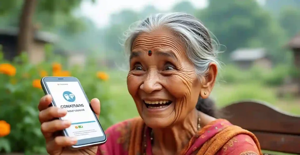 Maharashtra Pension Yojana July ₹2000 payment SMS on rural woman’s mobile, showing happiness in village setting