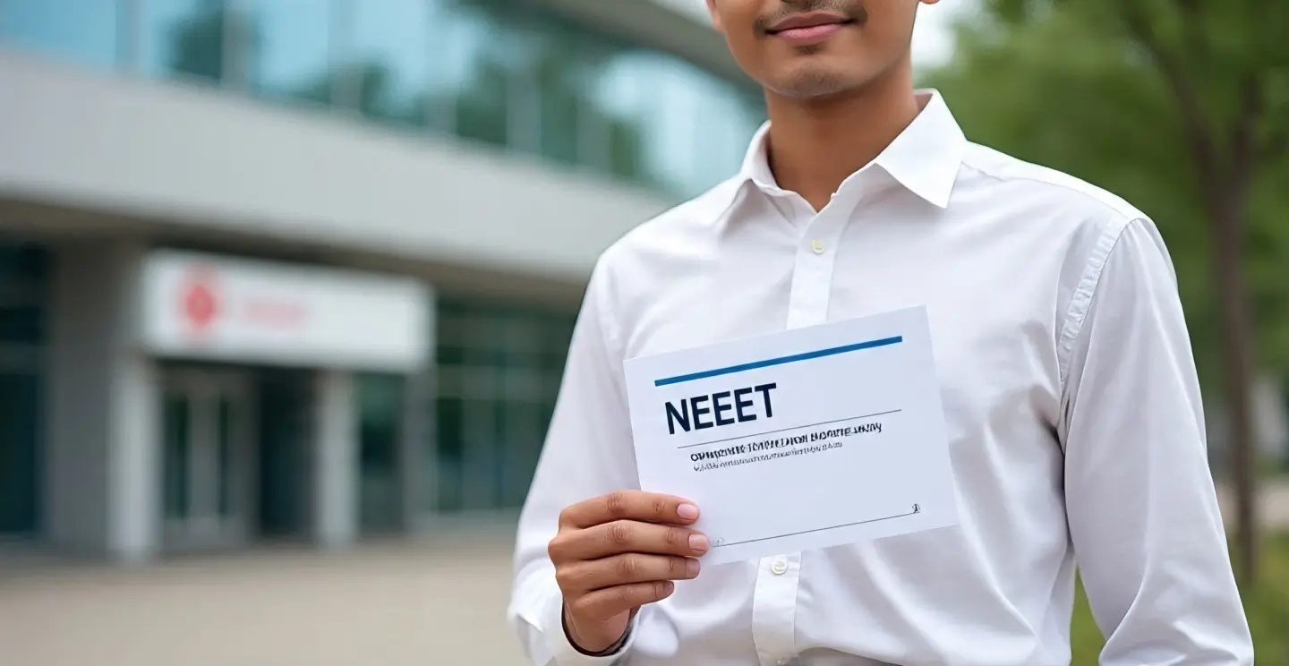 Student holding NEET Admit Card outside exam centre