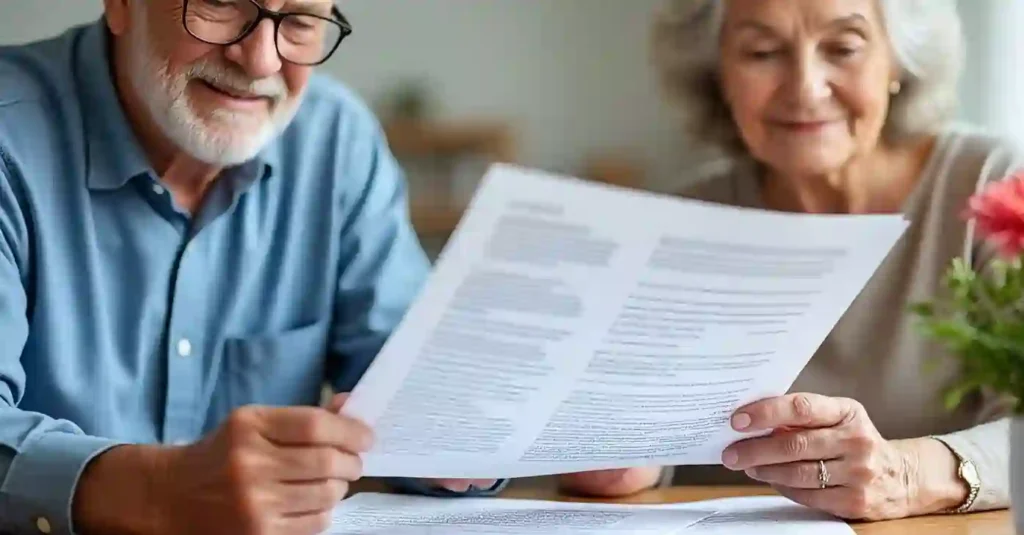 Smiling elderly couple reviewing life insurance policy for seniors over 60 in the USA