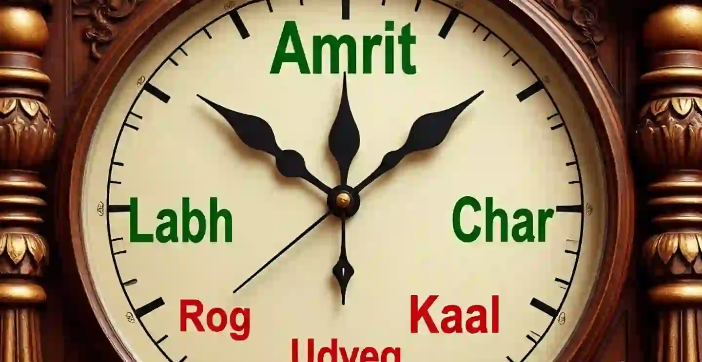Choghadiya Table with auspicious and inauspicious muhurat details in Hindi-English.
