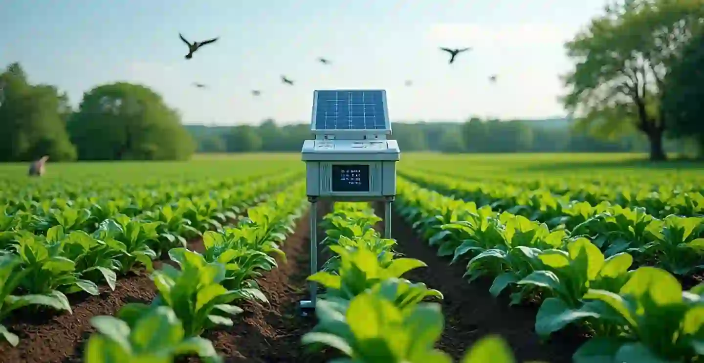 Crop Protection Machine – सौरऊर्जेवर चालणारे प्राणी प्रतिबंधक यंत्र शेतातील पिकांचे रक्षण करताना.