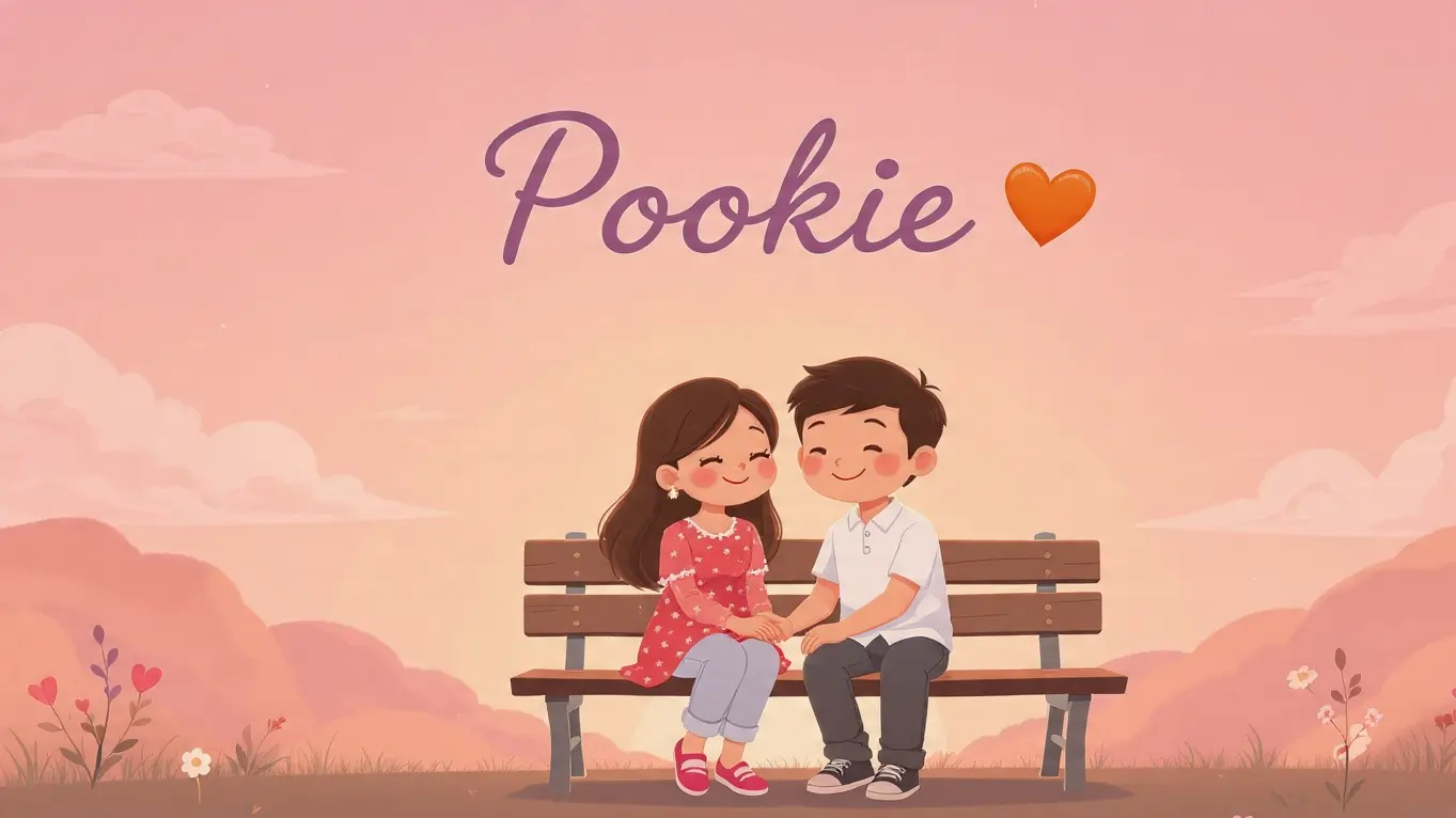 A cute couple under a pink sunset with the word “Pookie” and Hindi translation showing love and affection.