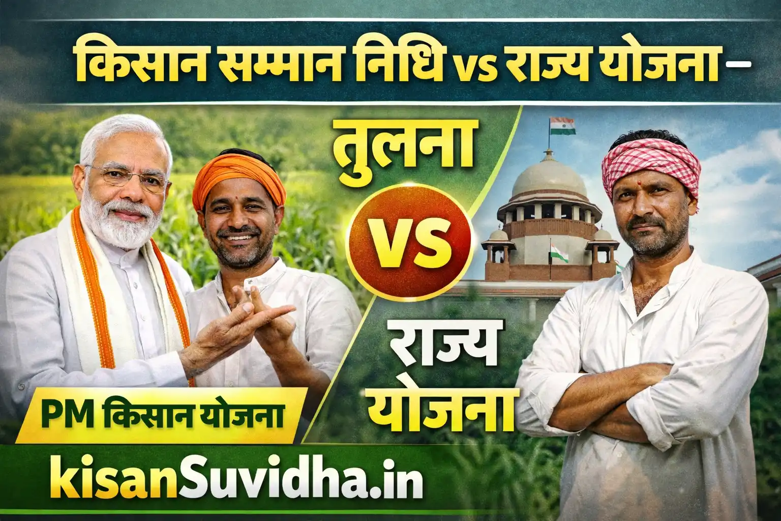 Kisan Samman Nidhi vs Rajya Yojana comparison thumbnail with kisansuvidha.in showing PM Kisan and state scheme visuals