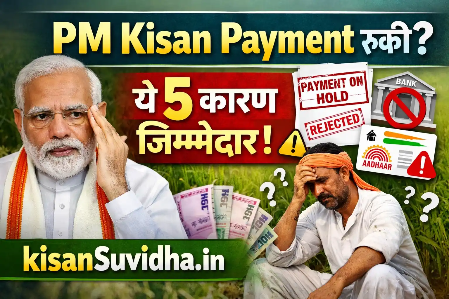 PM Kisan Payment रुकी thumbnail with kisansuvidha.in showing worried farmer and Aadhaar-bank issue