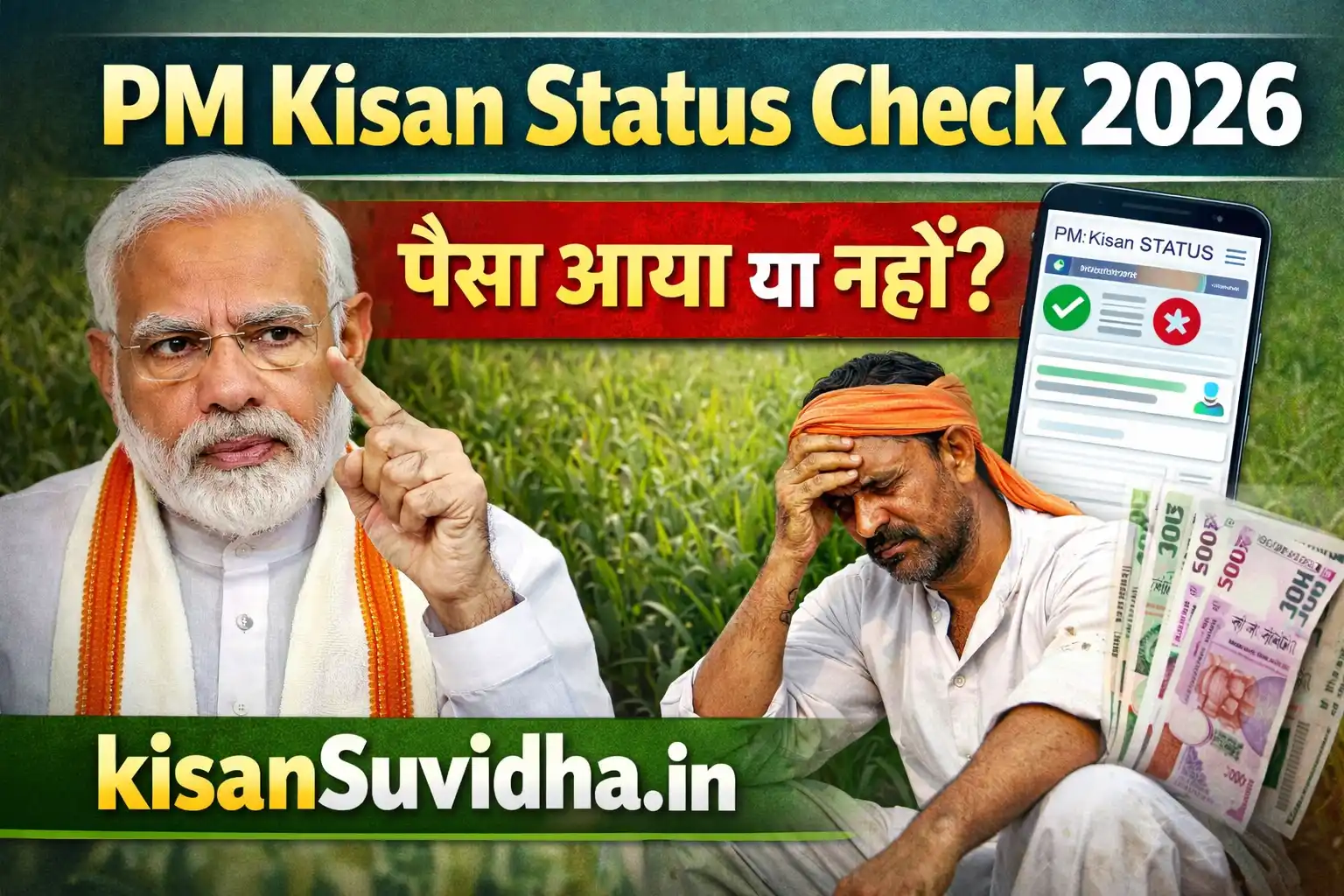 PM Kisan Status Check 2026 thumbnail with kisansuvidha.in showing worried farmer and mobile status screen