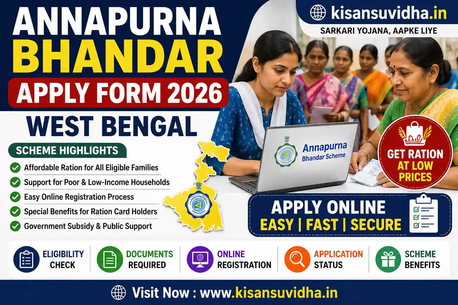 Annapurna Bhandar Apply Form 2026 West Bengal thumbnail showing online ration scheme registration and low-price ration benefits on kisansuvidha.in.