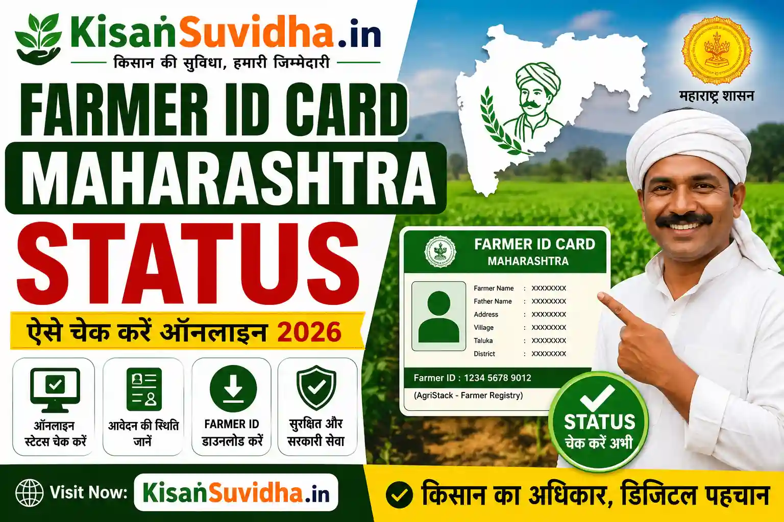 Farmer ID Card Maharashtra Status Check Online 2026 thumbnail with KisanSuvidha.in branding, Maharashtra map, farmer ID card, and status check guide